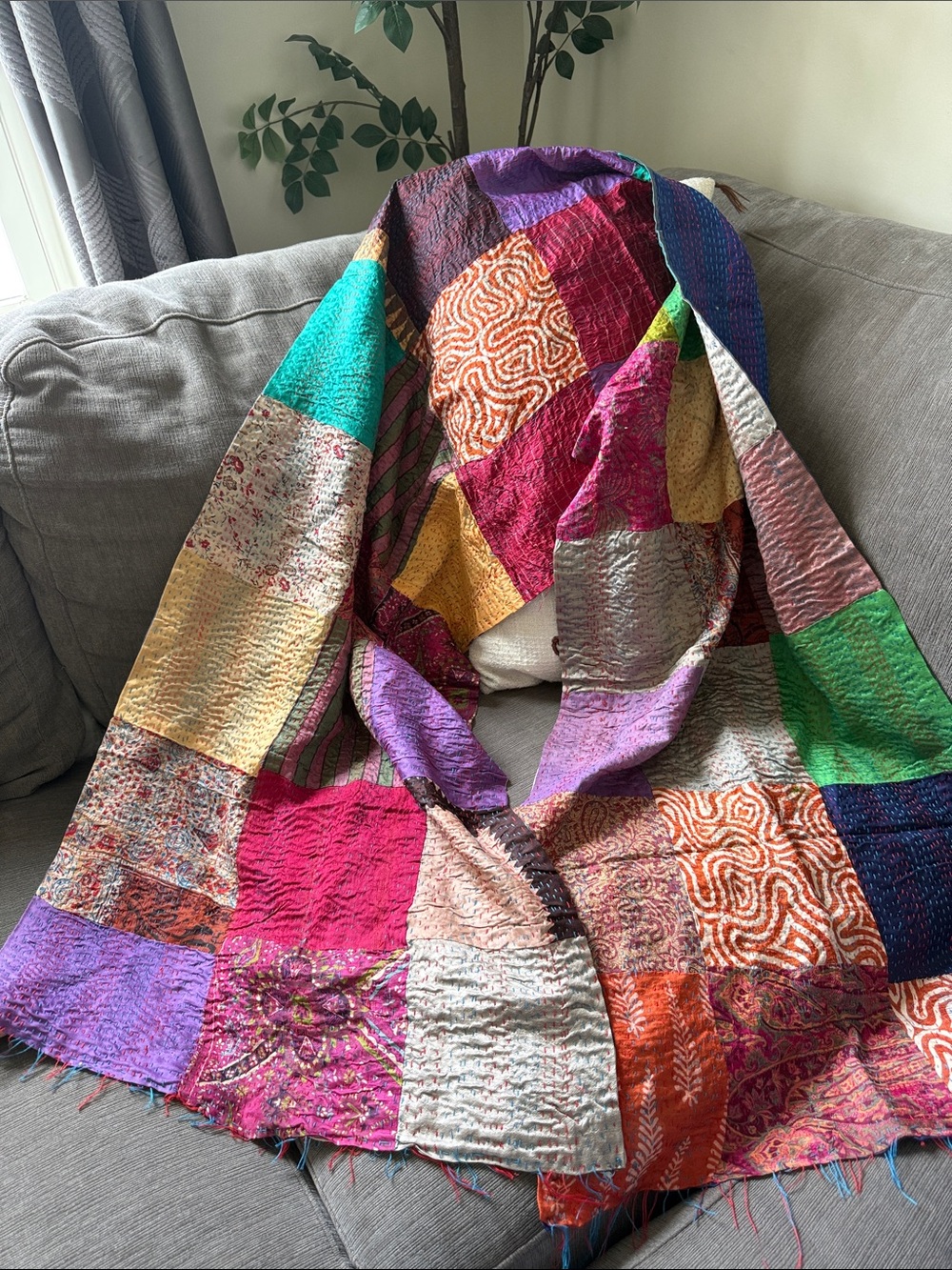Multicolor silk patchwork kantha scarf